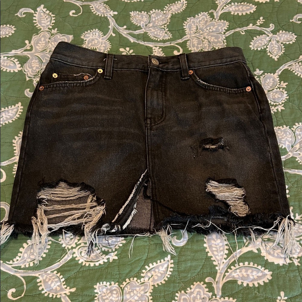 We The Free Black Distressed denim Jean Mini Skirt